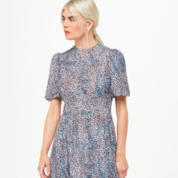 Whistles Blair Puff Sleeve Dress Women's Blue Midi Feminine Open Back Bow - Picture 3 of 13